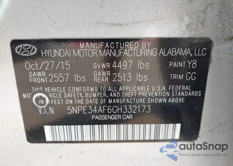2016 Hyundai Sonata Sport z USA, uszkodzony, nr VIN 5NPE34AF6GH332173